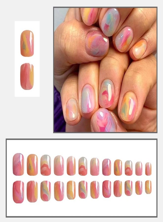 CTTHNBD Short Press on Nails Square Fake Nails Colorful False Nails with Ombre Design Glue on Nails Glossy Full Cover Stick on Nails Cute Acrylic Nails Reusable Artificial Nails for Women Manicure 24Pcs - Image 2